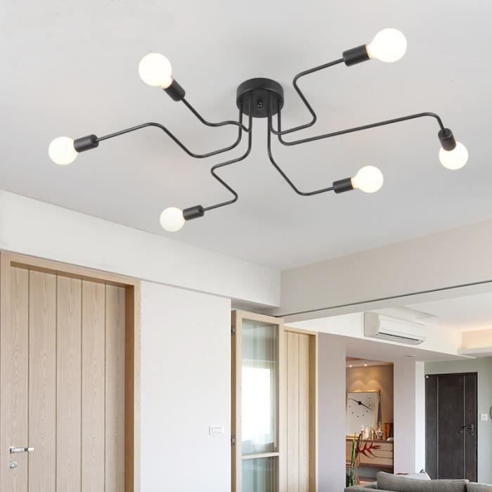 Plafonnier Lustre Vintage Led Lampe Industrielle Cuisine Salon Moderne Noir - 6 Ampoules E27