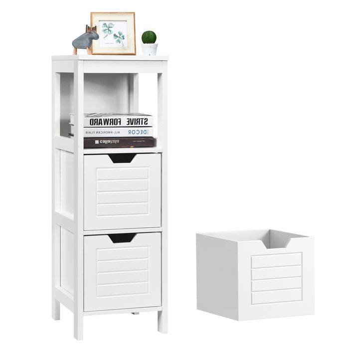 Armoire Salle De Bain Avec Tiroirs Et étagère Réglable - 60x30x113 Cm - Blanc - Meuble Rangement Métal Et MDF