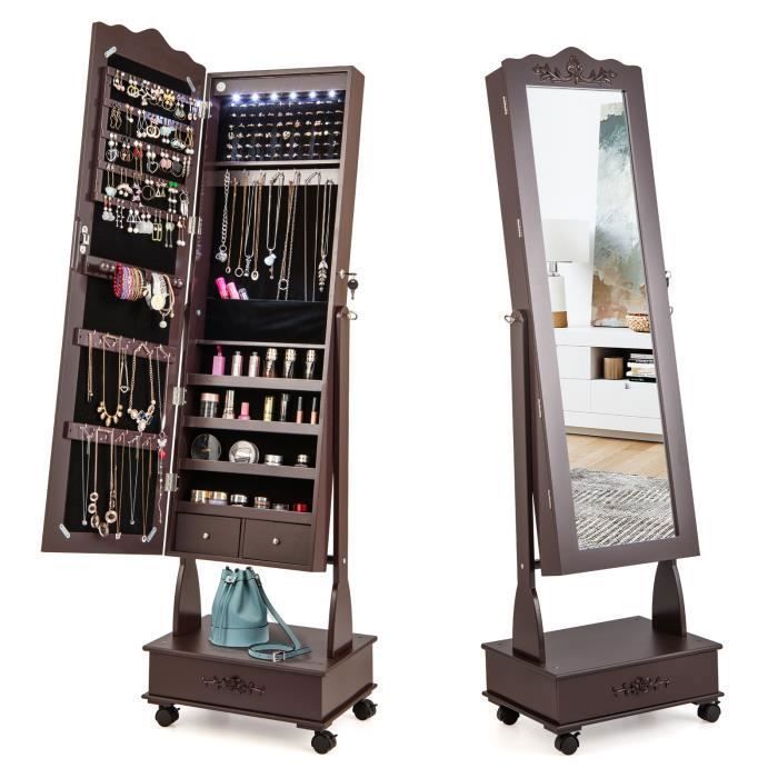 COSTWAY Armoire à Bijoux avec Miroir Pleine Longueur 4 Roues Verrouillables lumières LED et Tiroirs 3 Angles Réglables Marron