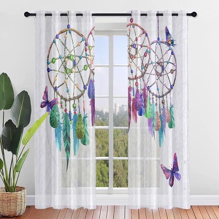 Lot De 2 Rideaux Voilage Semi-Transparent Dégradé Vert Orangé - Effet Voile Moderne 132x182 Cm, Oeillets, Déco Fenêtre Chambre Salon