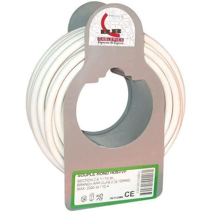 ELECTRALINE C&acirc;ble H05vvf 2x1.5 10m Blanc Couronne - 