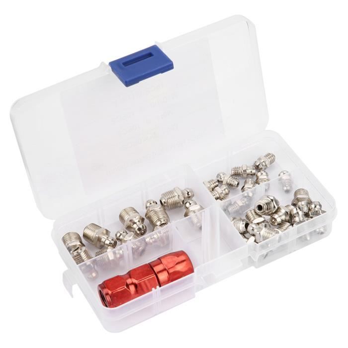 Assortiment 45 Raccords De Graisse M6 M8 M10 – 45° 90° 180° En Acier Nickelé, Boîte De Rangement Incluse