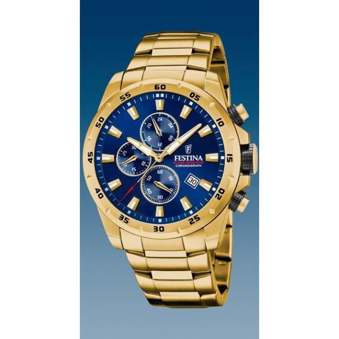 montre homme festina - f20541/2 - chrono sport plaqué or - cadran bleu 45.05mm