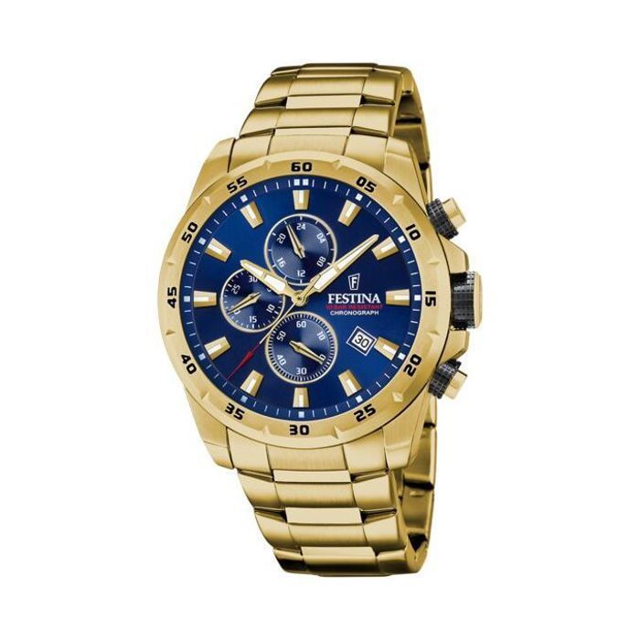 montre homme festina - f20541/2 - chrono sport plaqué or - cadran bleu 45.05mm