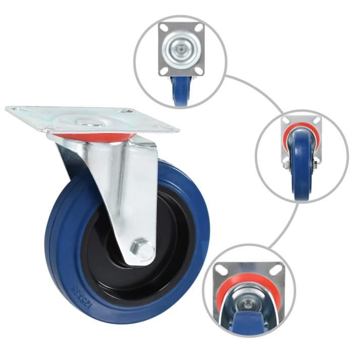 Lot De 4 Roulettes Pivotantes EASYROLL Bleu 125 Mm Caoutchouc Super Élastique – Charge Totale 600 Kg