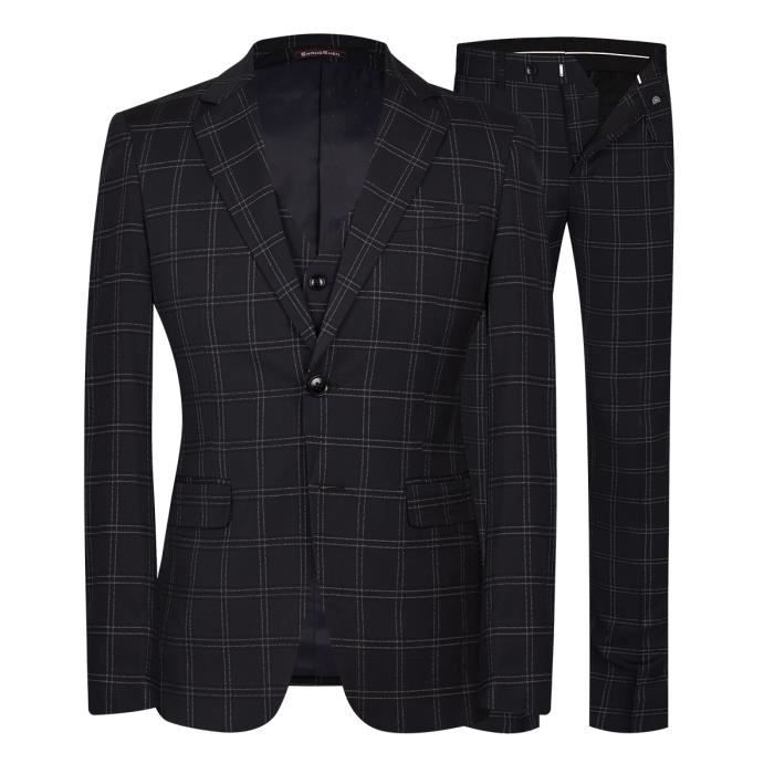 Costume Homme à Carreaux Mariage 3 Pieces Noir Cérémonie Mode Daffaires Costume