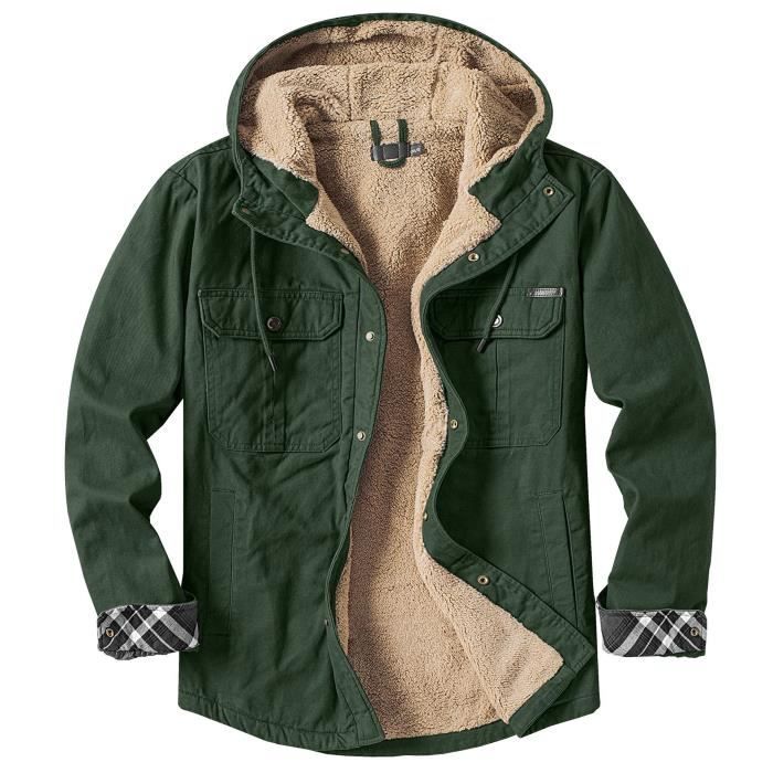 Chemise Capuche Homme Hiver Manches Longues En Coton Chemise Chaude Epaisse Couleur Unie Confortable Avec Poches Taille US