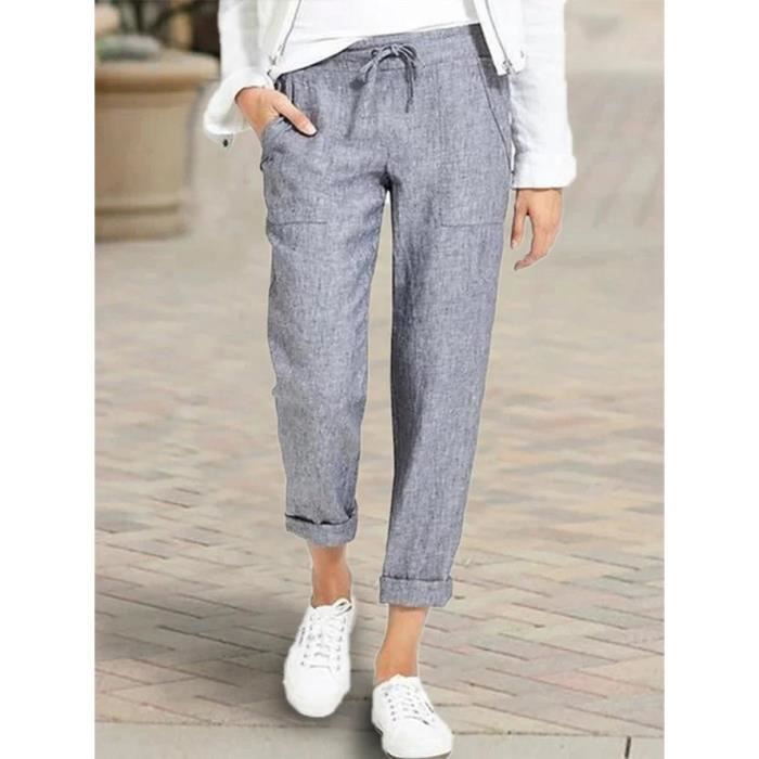 PANTALON,Femme Ample En Coton Et Lin Pantalons Décontractés De