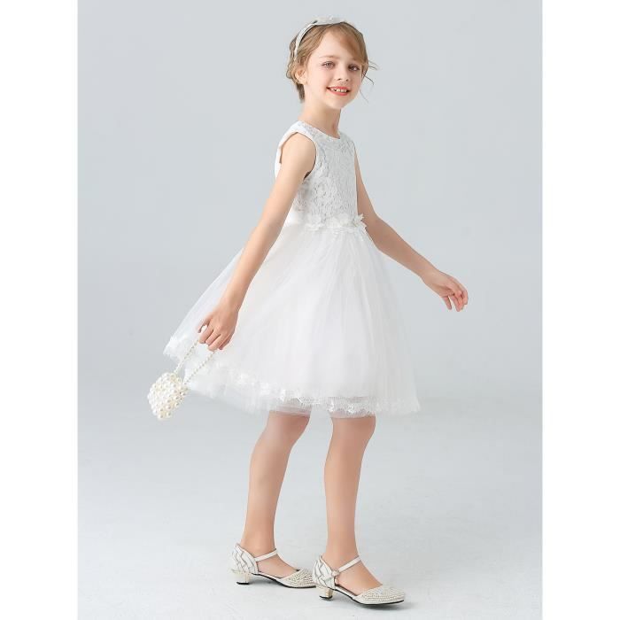 Robe Ceremonie Fille Col Rond Sans Manches EnTulle De Dentelle Florale Fleuriste Robe De Spectacle De Bal Diner De Mariage Blanc