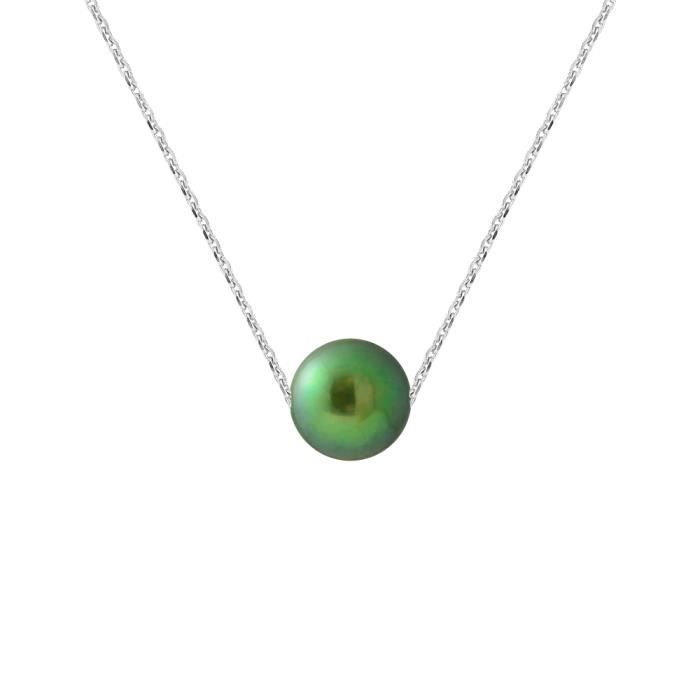 PERLINEA - Collier Perle de Culture d'Eau Douce AAA+ - Ronde 8-9 mm - Vert Intense - Argent 925 Millièmes - Bijoux Femme