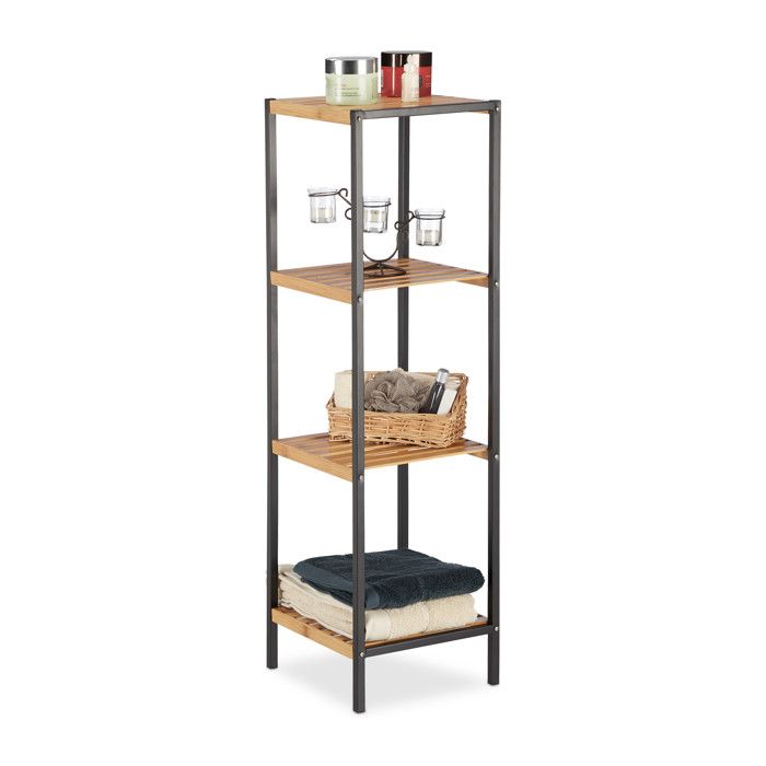 Relaxdays Étagère en Bambou Universel Sur Pieds Plusieurs Étages Cadre en Métal Carrée SDB 4 Niveaux nature