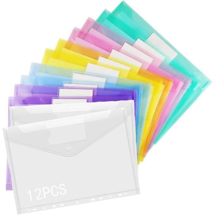 12 Pochettes Plastique A4 Perforées – Transparentes, 6 Couleurs, Avec Rabat Velcro