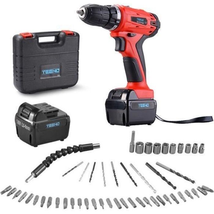 TEENO® Perceuse visseuse sans fil PSR 18V+ 2 batteries lithium + 52 accessoires