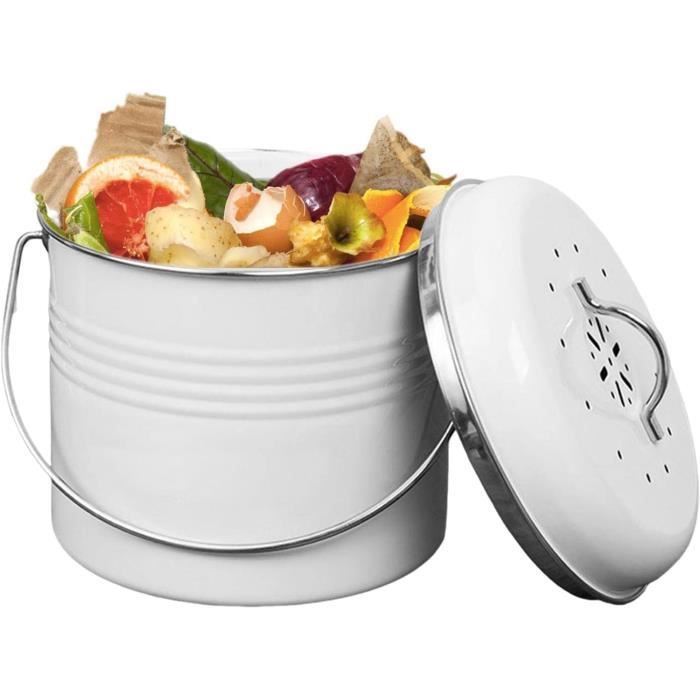 Perfnique Bac à Compost De Cuisine 5L - Seau Avec Filtre Charbon Et Couvercle - Métal Peint - Design Compact Pour Comptoir