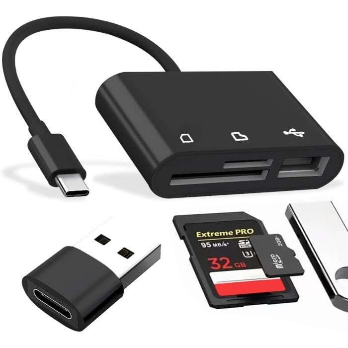 Lecteur de carte USB 3.0, lecteur de carte SD / Micro-SD USB Type C  Adaptateur OTG pour cartes SDXC, SDHC, SD, MMC, RS-MMC, Micro-SDXC,  Micro-SD, Micro-SDHC et UHS-I Noir - Carte mémoire