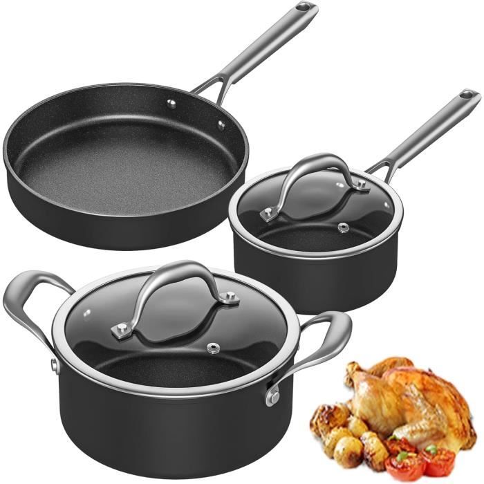 Set De Poele Et Casserole, 3 Pièces Batterie De Cuisine Antiadhésive Avec Couvercle 2 Pièces