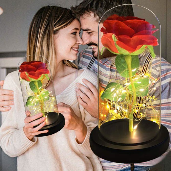Rose Eternelle Cadeau Femme Noel, La Belle Et La Bête Rose En Verre