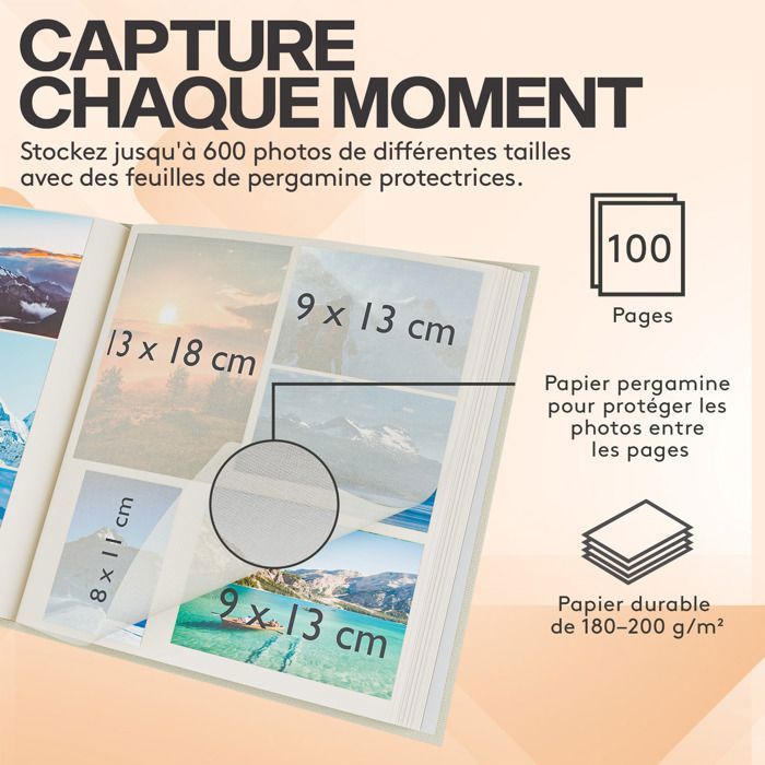 Lanpn Album Photo Scrapbooking, Grand Lin DIY Album 100 Pages Blanches Avec Séparateurs De Cellophane, Pour Photos 9x13cm 10x15cm 13x18cm (Noir, 30x33,5cm