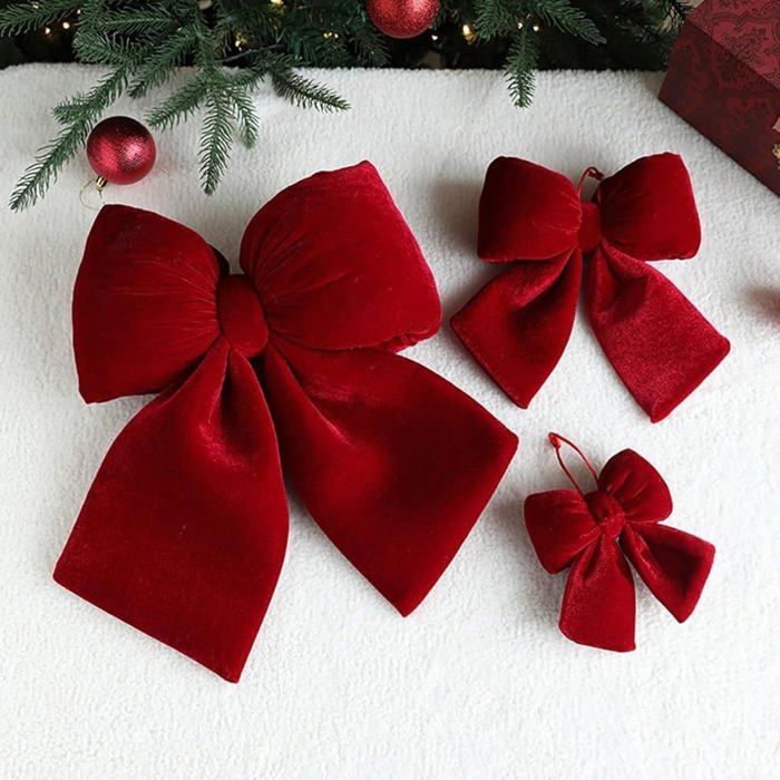 Lot De 3 Noeuds En Velours Rouge Pour Noël - Tailles 14, 20 Et 30 Cm - Déco Sapin, Porte, Couronne - 6