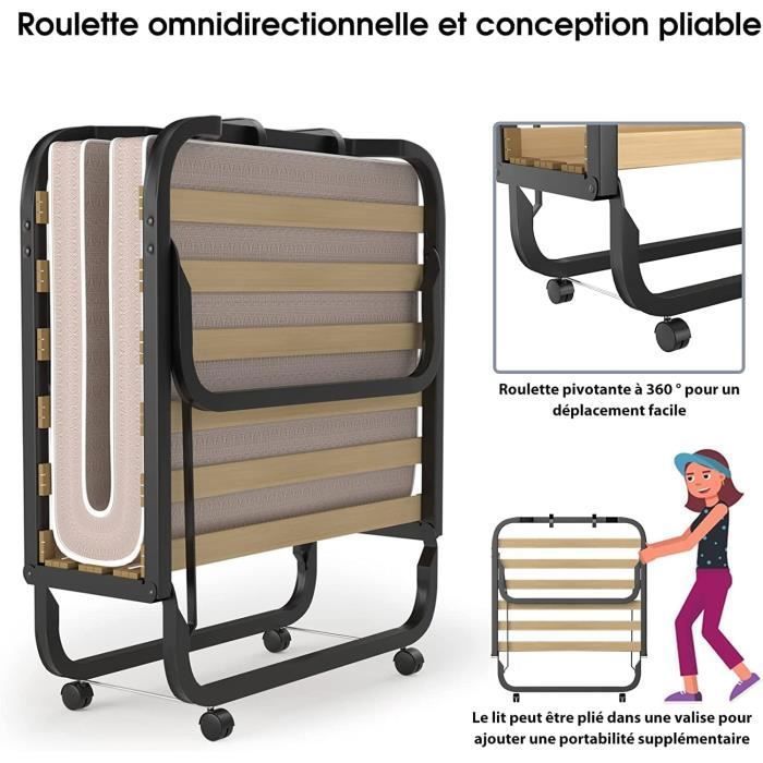 Lit Pliant Avec Matelas 90x200 Cm - Pliable, Roulettes, 150kg Charge - Pour Invités, Bureau, Appartement