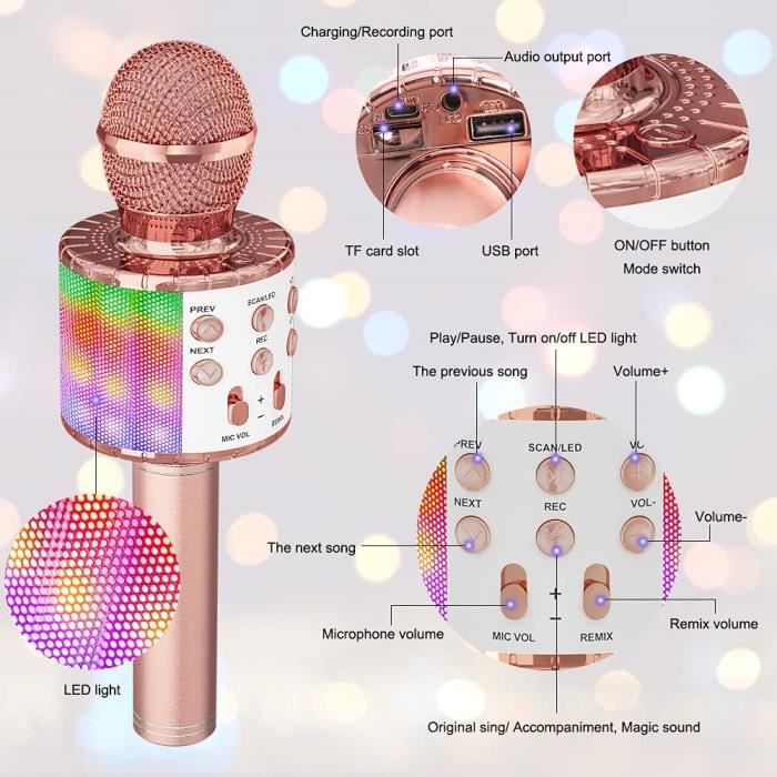Micros sans Fil Karaoké, Microphone Karaoke Bluetooth avec Lumière