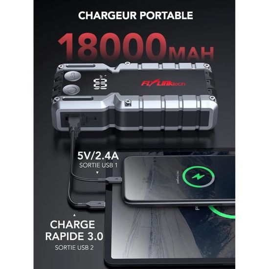 Booster Batterie Voiture, 4000A Démarreur Batterie Portable FLYLINKTECH  (Jusqu'à 9L Essence ou 8L Diesel)，Jump Starter 12V avec Pin - Cdiscount Auto