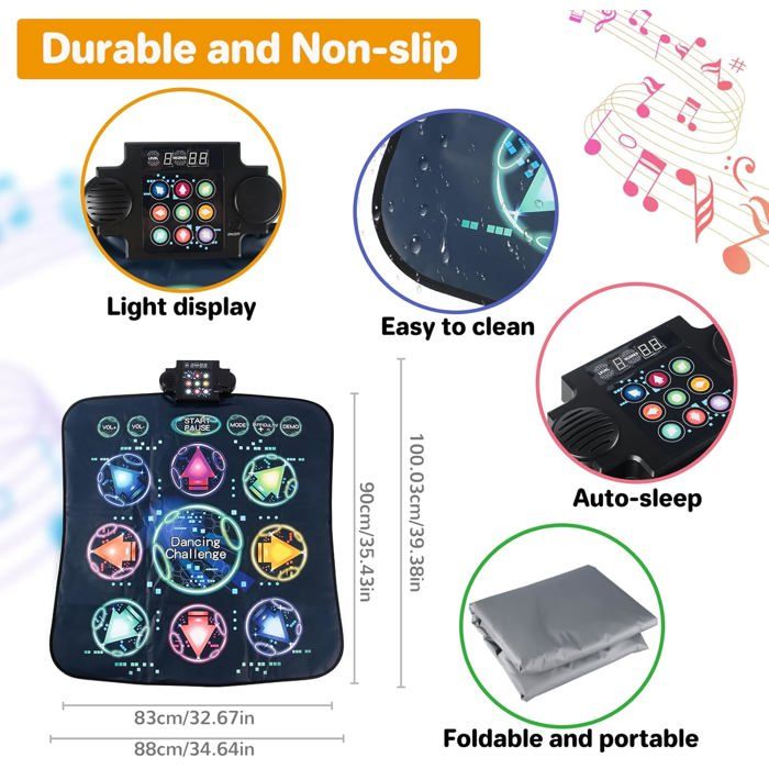 TERRAMUS Tapis De Danse 27 Niveaux LED Bluetooth – Tapis Musical Lumineux Enfant 3-12 Ans, Cadeau Fille Garçon