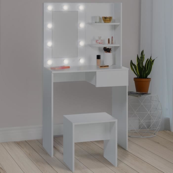 IDMARKET Coiffeuse ZELIA blanche table de maquillage 2 étagères, miroir LED  et tabouret - Cdiscount Maison