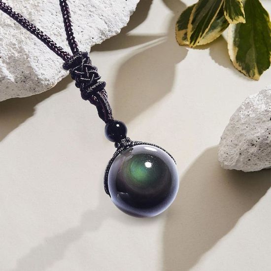 Collier Pendentif Obsidienne Naturelle Zalati - Perle œil Arc-en-ciel 16mm - Corde Tressée - Pierre De Protection