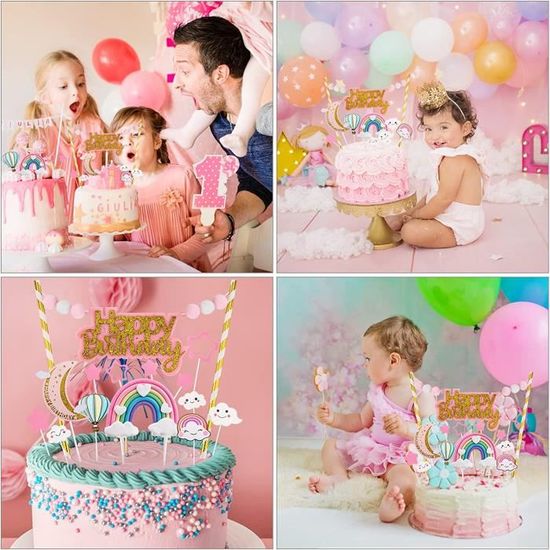 Décorations Pour Gâteau D'anniversaire 3 Ans Fille - Set Arc-en-ciel, Nuage, étoiles, Ballons - Rose Et Multicolore