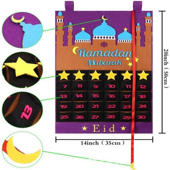 Décoration Murale Ramadan Vacances Décorations Calendrier Mural 30 Jours avec des Poches De Bonbons pour Les Enfants Ramadan Party Eid Feutre Calendrier Ramadan Compte À Rebours Calendrier