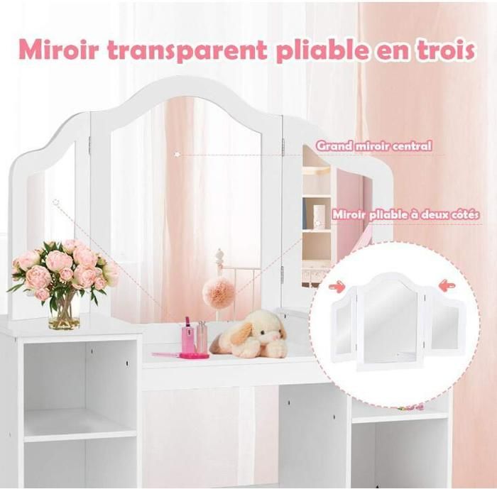 Coiffeuse Moderne ML DESIGN Avec Miroir Pliable - 2 Tiroirs - MDF Blanc - 100x40x140 Cm