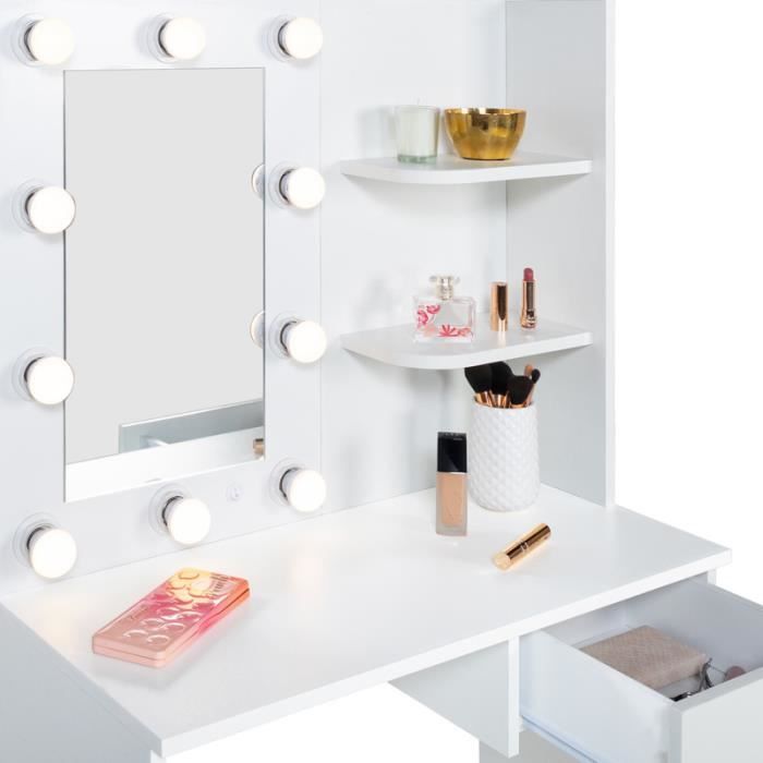 Coiffeuse blanche avec miroir LED 1 tiroir et tabouret - ZELIA