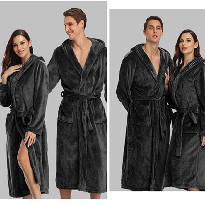 Peignoir Unisexe Peignoir de Bain Femme a Capuche Long acve 2 Poches Peignoir Homme Polaire a Nouer Chaud de Couple Noir XS Cdiscount Maison