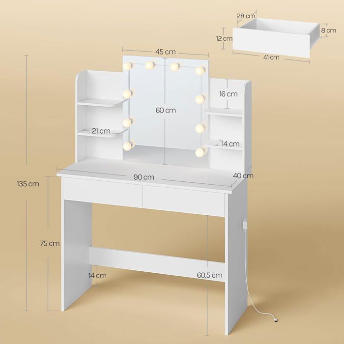 FLASIDU Coiffeuse, Miroir LED à Luminosité Réglable,Table de Maquillage, 6 Tiroirs, 80*36*132cm