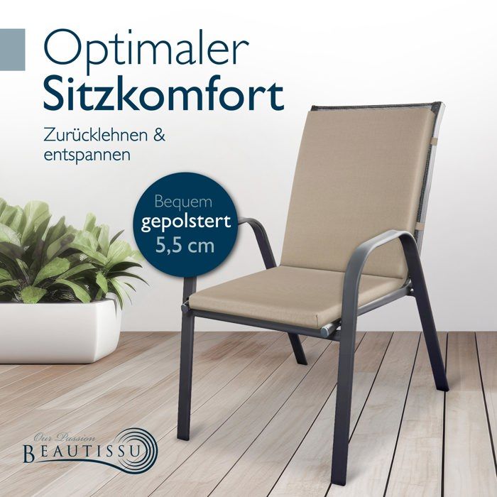 Beautissu Coussin Chaise Jardin Haut Dossier 120x50 Cm – 100% Imperméable Quick Dry, Résistant UV, Anthracite, Confort Outdoor Lavable