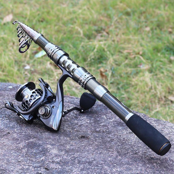 Canne à Pêche Télescopique Portable 1,2 M - Avec Moulinet - Poignée EVA Légère - Rétractée 30,5 Cm - Pour Eau Douce/salée - 2