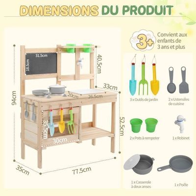 Cuisine En Bois Enfant GS0059-1 – Style Scandinave – Hauteur Réglable 92-107 Cm – Avec LED Et Sons – Dès 3 Ans – Cadeau Fille/garçon
