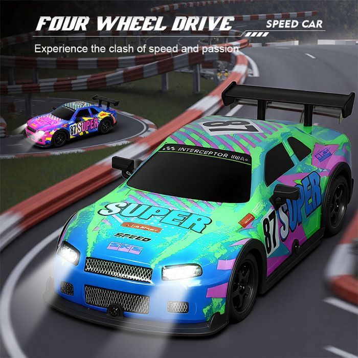 Voiture RC Drift 1:22 – 4 Roues Motrices, Lumières LED Et Pneus Interchangeables, Avec Barricades