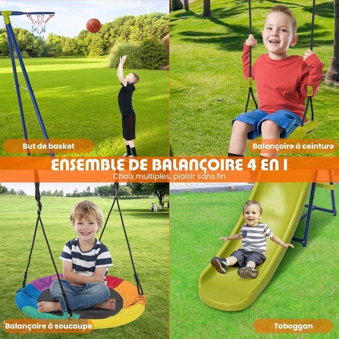 Portique De Balançoire GOPLUS 3 Places - Support 300 Kg - Avec Balançoire Bébé Et Surf - Jaune
