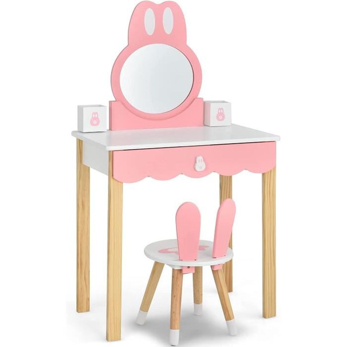 Coiffeuse Enfant avec Chaise et Miroir en Forme Lapin Table de Maquillage 2 Tiroirs et Étagère en Bois Blanc/Rose