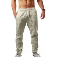 Pantalon Homme,Pantalon Coton Lin Homme Ete Léger Respirant Décontracté Sport Poches Taille Élastique pour Hommes-Beige