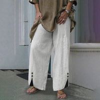 Mode femmes lâche couleur unie décontracté jambe large boutons fendus pantalons pantalons blanc
