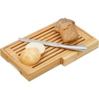 Relaxdays Planche à pain bambou, range-couteaux, couteau en inox, cuisine, planche à découper, HxlxP: 4x40x24 cm, nature -