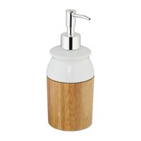 Relaxdays Distributeur de savon bambou, céramique, rechargeable, 225 ml, pompe, salle de bain, WC, nature/blanc