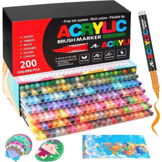 200 Couleurs Feutre Acrylique, Tête De Brosse Douce Marqueur Peinture