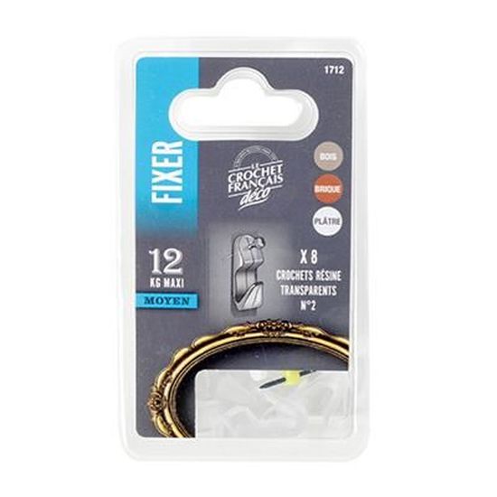 Lot De 8 Crochets De Fixation Résine Transparente N°2 – Charge 12kg, Crochet X