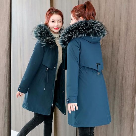 Parka mi long en coton chaud d hiver pour femme Bleu Vetements a col en fourrure a capuche femme Bleu Cdiscount Pret a Porter