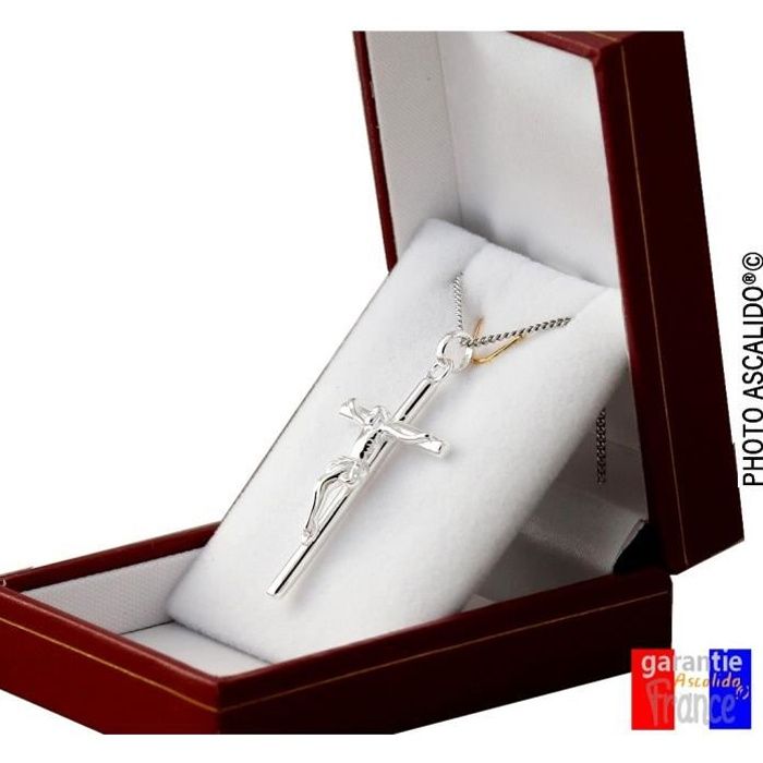 Grande Croix 4cm avec jesus pendentif et chaine en argent massif poinçonné 925 taille homme 55cm avec boite coffret