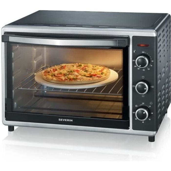 SEVERIN Mini-Four à Chaleur Tournante 42 L, Inclus : Tournebroche et Pierre à Pizza (Ø 29cm), Minuteur 120 min, 1 800 W, Noir/Inox,